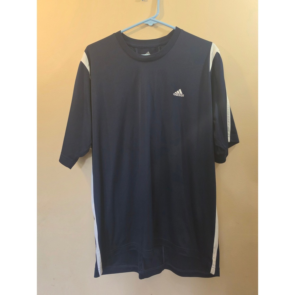 Adidas Mens Navy Blue White Stripe Performance Soccer Training T-Shirt Large